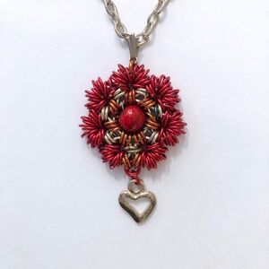 Chainmaille Red flower pendant necklace with dangling heart